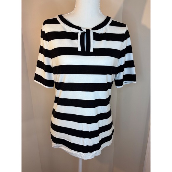 Talbots Tops - Talbots Petite Black White Striped Keyhole Knot Neck Top MP Short Sleeve Rayon